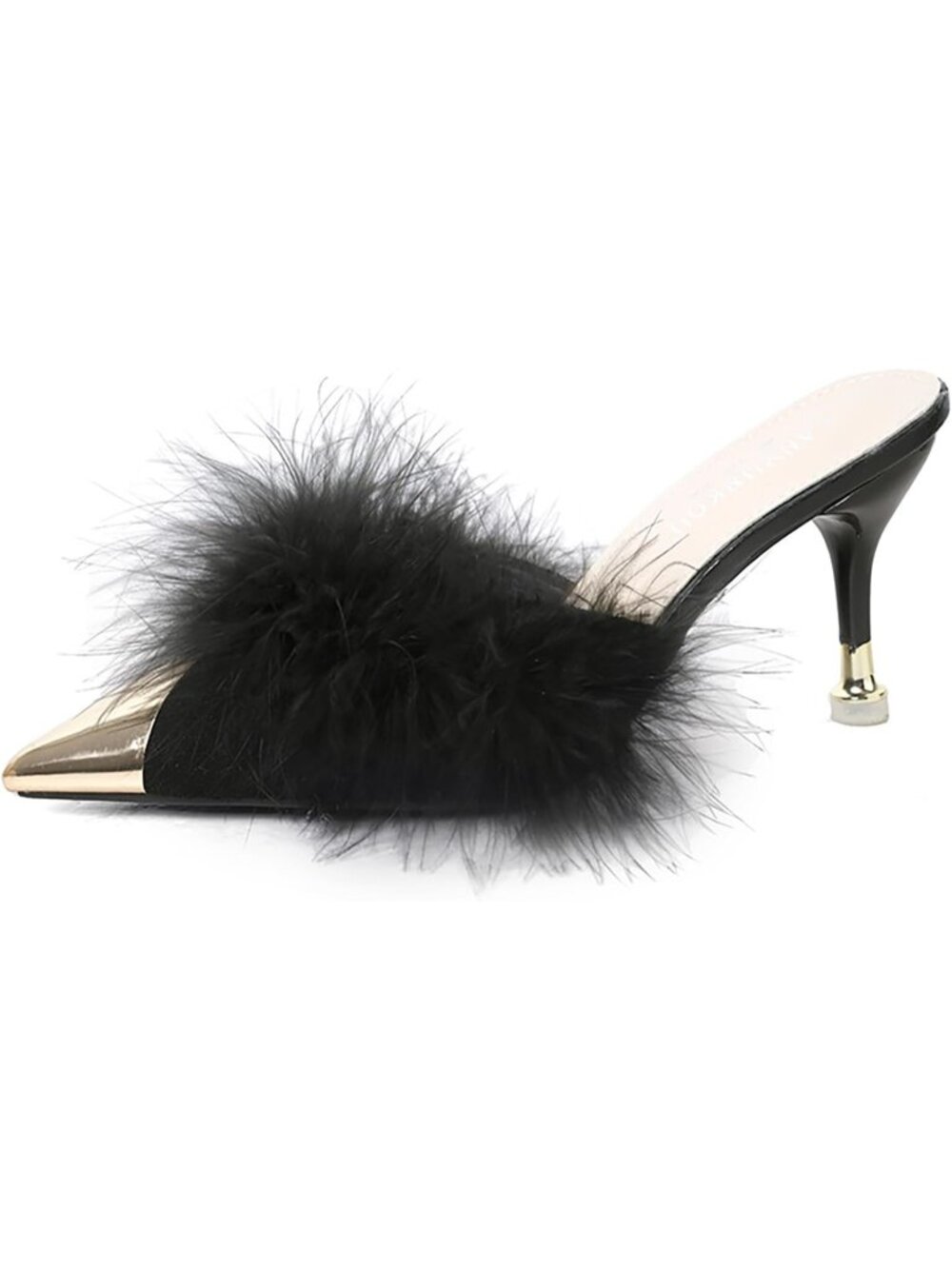 Women's Black Fluffy Feather High Heel Mules Slip-On Comfortable Pinted
